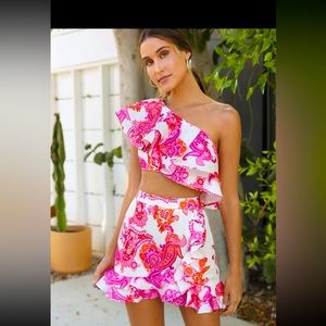 Pink flamingo 2piece size XS layered ruffle trim crop top and skirt